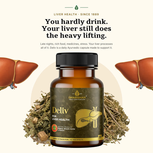 Deliv Capsules bottle with liver illustration: you hardly drink, your liver still does the heavy lifting
