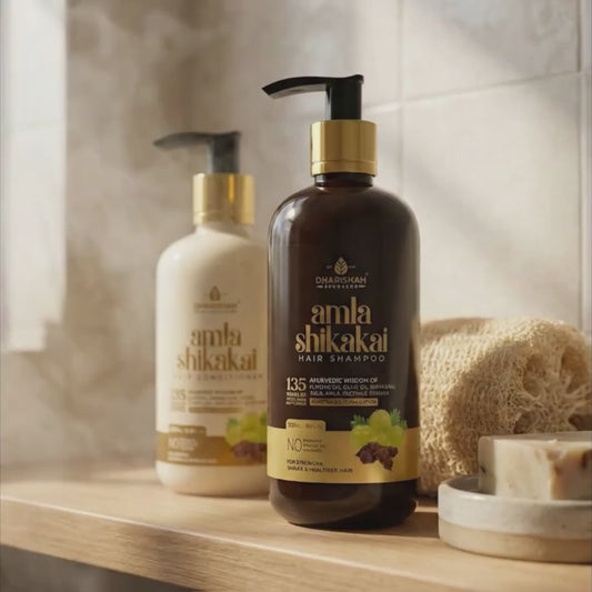 Amla Shikakai Shampoo and conditioner on a bathroom shelf, then a shower lather scene