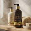 Amla Shikakai Shampoo and conditioner on a bathroom shelf, then a shower lather scene